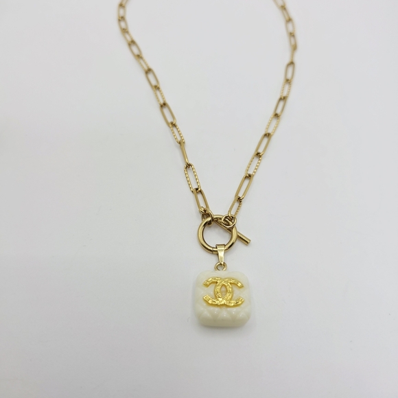 Authentic CHANEL Gold and Cream Logo Necklace. On Atolea Waterproof Chain - Picture 5 of 6